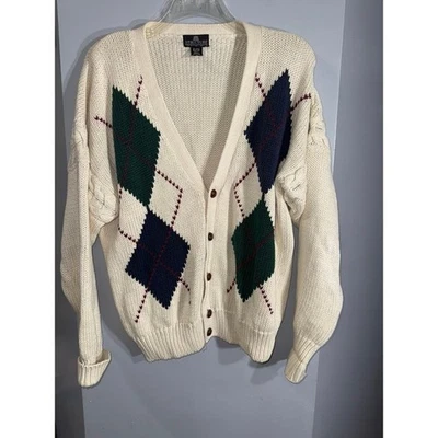 Structure vintage argyle grandpa cardigan cream green wooden button men's large - Image 1 of 4
