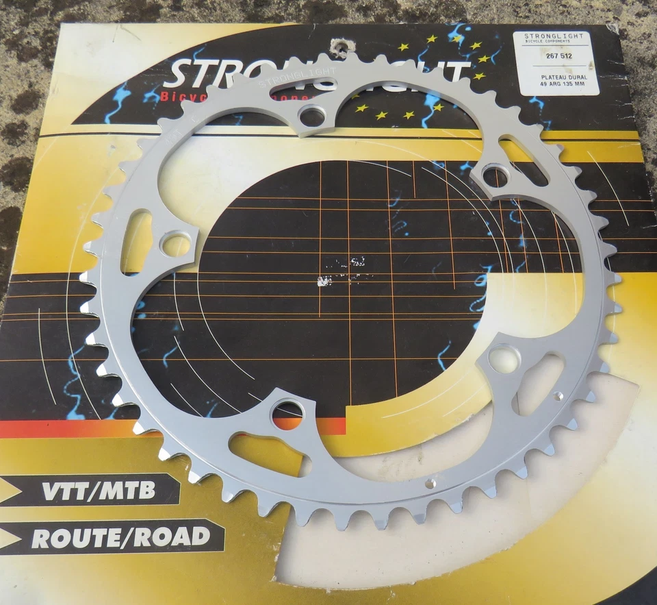 NOS STRONGLIGHT Dural 49 tooth 135 BCD silver 8 & 9 speed outer chainring campag - Image 1 of 1