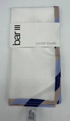 Bar III Men's Pocket Square ~ White ~ Navy and Taupe Border ~ NEW MSRP: $35. - Image 1 of 2