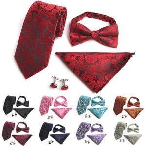 Mens Paisley Floral Bowtie Neck Ties Matching Pocket Square Hanky Cufflinks Set - Picture 1 of 13