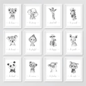 Grey Black & White Safari Baby Animal Nursery Prints Childrens Wall Art Pictures - Picture 1 of 17