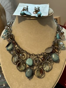 VTG 14/4” PREMIER DESIGNS 2-STRAND BLUE BEAD & SILVER BEADED NECKLACE & EARRINGS - Picture 1 of 5