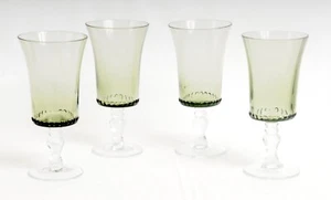 Set 4 Vintage grüne Glas konische hohe Kelche Perlen flache Sockel klare geknöpfte Stiele - Bild 1 von 4