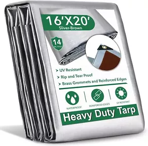 16x20ft 14 Mil Heavy Duty Tarp Silver/Brown UV Resistant, Grommets, Reinforced - Picture 1 of 7
