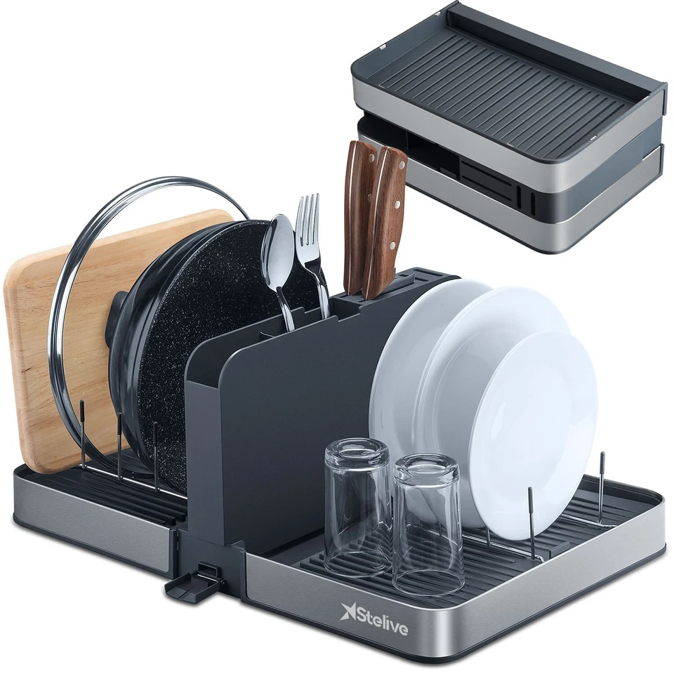 Stelive Foldable Dish Rack, Includes Removable Utensil Drainer & Drainage Spout - image 1 of 4