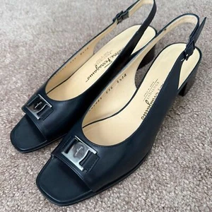 EUC Salvatore Ferragamo Renata Leather Slingback Pumps Open Toe Low Block Heel - Picture 1 of 12