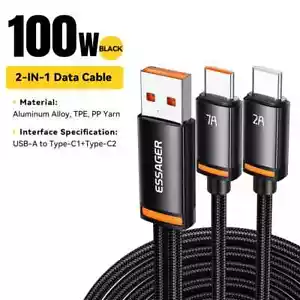 Essager 100W USB Type C Cable 2 in 1 Fast Charging Wire Cable For iPhone 16 15 - Picture 1 of 14