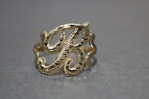 14K Solid Yellow Gold 0.5" Diamond Cut Initial Letter Band Ring. Size 6.5 