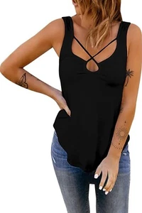M- Womens Criss Cross Tank Tops Sleeveless Shirt Casual Basic Solid T-Shirts, V - Picture 1 of 7