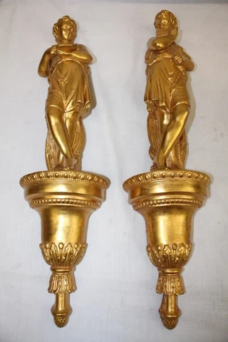 Rare Pair of 1950's AWCO CHARLETON Handcrafted Gold Gilt Wall Figurines #3907 Cover