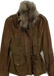 One of a kind Eddie Bauer Brown Green Suede Jacket With Hood Detachable Collar - Picture 1 of 6