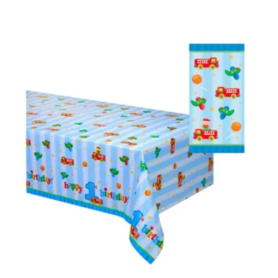 1st Birthday Table Cover 54x108" + 20 Loot Bags Boy Blue Party Decor Supplies - Image 1 of 4