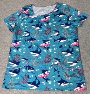 Scrub Top-Sharks V-Neck Scrubs Pockets Colourful Size XL Nurse Vet Medical - Picture 1 of 9
