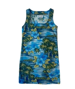 Maui Legend XS Womens Vintage Blue Hawaiian Dress Blue Hibiscus and Palm Trees - Picture 1 of 3