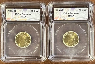 2× 1994-R Italy 20 Lire Coins – ICG Certified Genuine – Italian Collectibles - Image 1 of 4