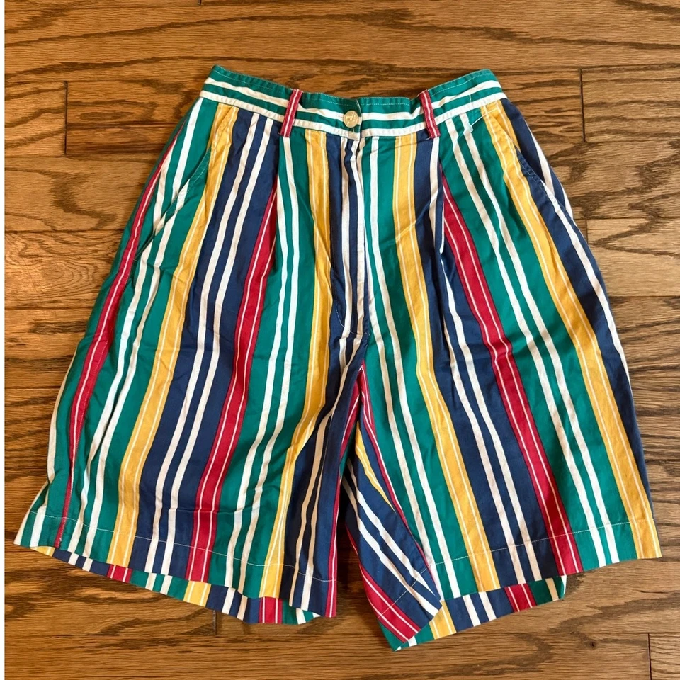 Shorts listrado cintura alta feminino cáqui britânico 6 vintage anos 90 retrô cor primária - Imagem 1 de 4