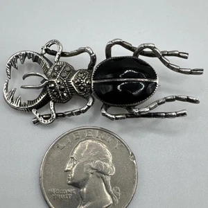 Vintage Sterling Silver Black Onyx And Marcasite Pin - Picture 1 of 5
