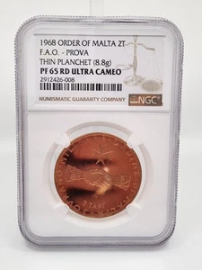 1968 Order of Malta 2T FAO Prova Thin Planchet Proof NGC PF 65 Red Ultra Cameo - Picture 1 of 6