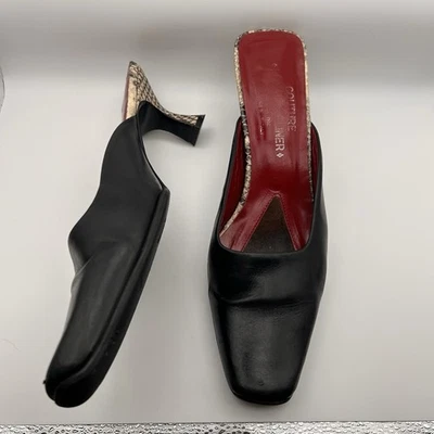 Donald J Pliner Cuero Negro Puntera Cuadrada Mules Piel de Serpiente Gatito Tacón Talla 8 Foto 1 de 4