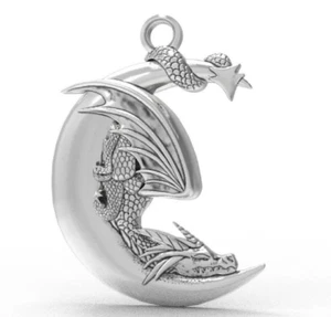 Dragon Moon Pendant Necklace, Silver Fantasy Dragon On The Crescent Moon Charm - Picture 1 of 1