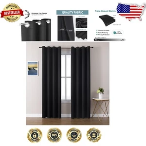 Elegant 102'' Black Blackout Curtains Set - Noise Reducing & Energy Saving - Picture 1 of 8