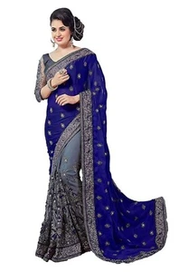 Georgette Embroidered Party Wear Saree, Designer Sari Blouse, Indian Saree - Picture 1 of 5