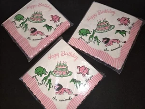 Lot 75 Vintage Paper 50's 60's Childrens Birthday Party Napkins Animals NOS 3pkg - Picture 1 of 3