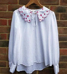 Next 14 Scalloped Peter Pan Collar Blouse Red Floral Embroidery Textured Chiffon - Picture 1 of 8