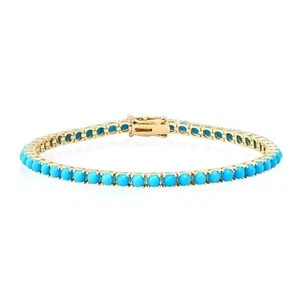 Natural Turquoise Cab Round 4.00mm Tennis Bracelet With Yellow Gold Plated - Picture 1 of 5