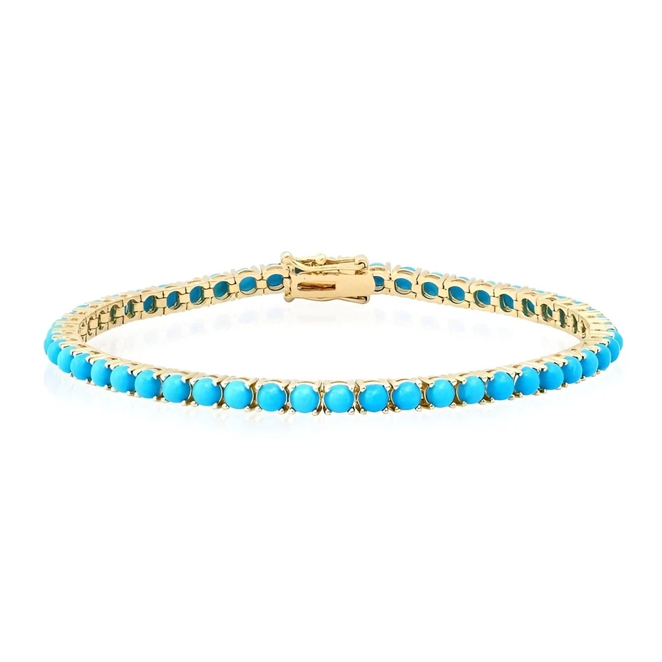 Natural Turquoise Cab Round 4.00mm Tennis Bracelet With Yellow Gold Plated - Image 1 of 4