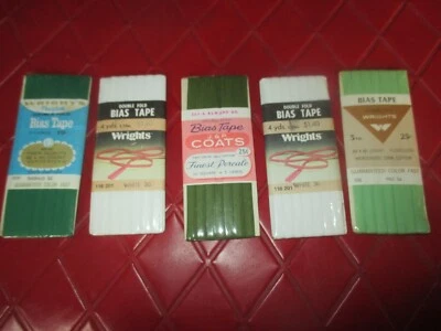 LOT Of Five GREENS & WHITE Cotton/Polyester 1/4" DOUBLE FOLD BIAS TAPE - #B2 - Image 1 of 2