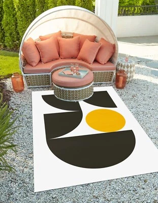 Minimalist Geometric Black and Yellow Arch Round Area Rug for Balcony Deck Porch - Image 1 of 4