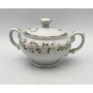 Sheffield Classic 501 Sugar Bowl Fine China Japan Lid Pink Gray Roses Silver Vtg - Picture 1 of 7