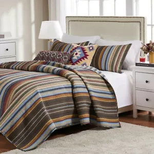 BEAUTIFUL LODGE CABIN BROWN RED BLUE RUST GREEN STRIPE RUSTIC COZY QUILT SET - Picture 1 of 3