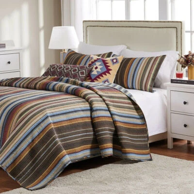 BEAUTIFUL LODGE CABIN BROWN RED BLUE RUST GREEN STRIPE RUSTIC COZY QUILT SET - Image 1 of 3