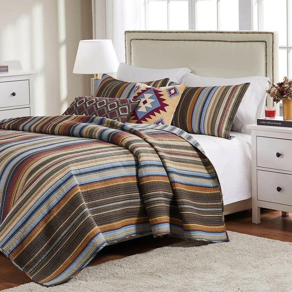 BEAUTIFUL LODGE CABIN BROWN RED BLUE RUST GREEN STRIPE RUSTIC COZY QUILT SET - Image 1 of 3