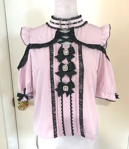 Lolita Victorian J-fashion Jirai Kei Pink Black Bows Open Shoulder Blouse Top L - Picture 1 of 9