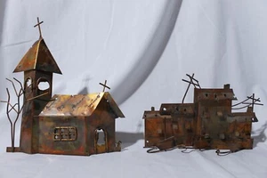 Vintage Brutalist MCM Kirche & Hafen Kupfer Wandbehang Skulptur Kunst 2 Stück - Bild 1 von 8