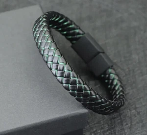 Classic Black With Green Leather Bracelet Men Woman Magnetic Clasp Bangle 20.5cm - Picture 1 of 3