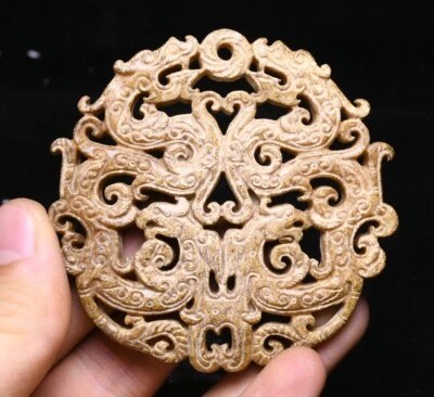 Antiguo amuleto chino tallado en jade dragón bestia larga animal ahuecado Yubi Yu Bi Foto 1 de 4