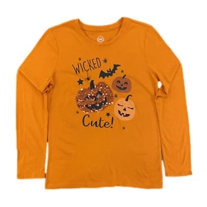 Girls Orange Long Sleeve Wicked Cute Sequin Pumpkin Halloween T-Shirt - Picture 1 of 2