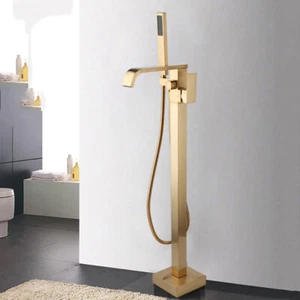 Luxury Gold Free Standing Bath Tub Filler Hand Shower Faucet Floor Mounted Taps - Picture 1 of 12