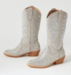 THERAPY Majesty Silver Sparkle Microsuede Calf Boots Jewelled Cowboy BNIB Size 8 - Picture 1 of 11