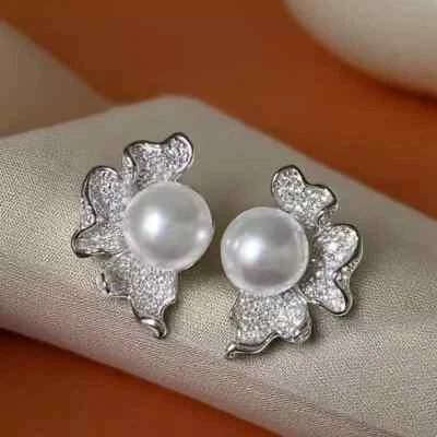 elegant south sea round white pearl dangle earring 925s sumptuous gift - Изображение 1 из 4