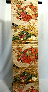 Kimono japonés, SEDA OBI antiguo, Zentu, grúas, entrenador, ventilador, hilo dorado, lámina, 12',4568 - Imagen 1 de 8