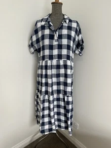 Vestido Cabaña 100% Lino Azul A Cuadros Guinga Cuadrado Midi Nivel Bolsillos M 12 Playa - Imagen 1 de 14