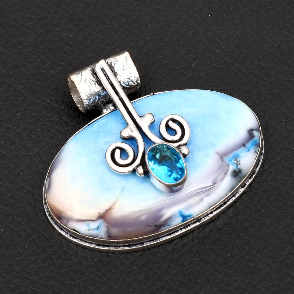 Dendrite Opal Blue Topaz Gemstone Ethnic Handmade Pendant Jewelry 1.48" AP-17002 - Image 1 of 1