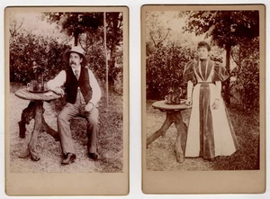 PAIR OF VICTORIAN CABINET CARDS : HUSBAND & WIFE PORTRAITS OUTDOORS : CIRCA 1890 - Picture 1 of 3
