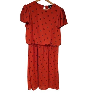 Vintage Maree rotes Kleid schwarz Dreieck Muster Rüschenärmel Midikleid - Bild 1 von 6