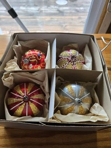 Vintage 4 Poland Hand Painted Blown Glass Mica Decorated Christmas Ornaments - Picture 1 of 20